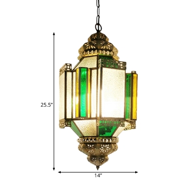 3 Heads Lantern Pendant Chandelier Vintage Brass Metal Hanging Lamp with Seeded Glass Shade