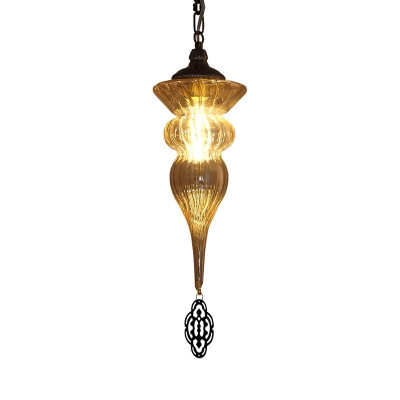 Amber Ribbing Glass Brass Pendant Light Jar Shaped 1 Light Traditionalist Hanging Ceiling Lamp
