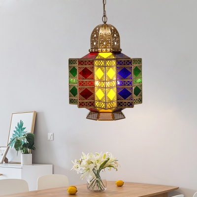 Antiqued Lantern Chandelier 4 Bulbs Metal Hanging Ceiling Lamp in Brass for Dining Room