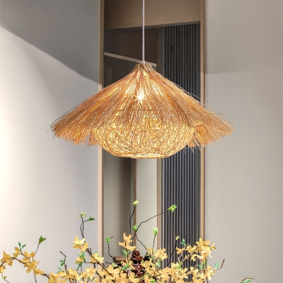 Asia 1 Bulb Pendant Lighting Flaxen Flared Hanging Light Fixture with Rattan Shade