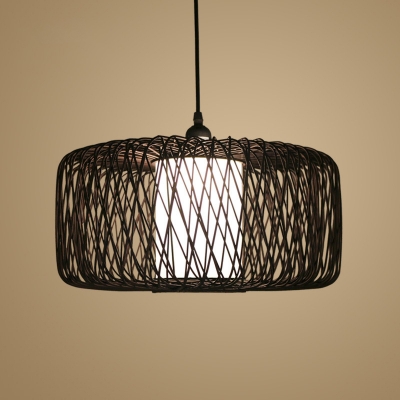 Bamboo Drum Hanging Lamp Chinese 1 Bulb Black/Beige Ceiling Pendant Light for Dining Room