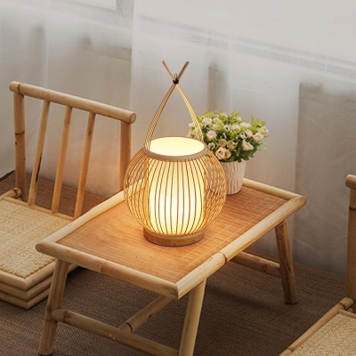 Bamboo Globe Desk Light Asian 1 Bulb Beige Task Lighting with Inner Tube Fabric Shade