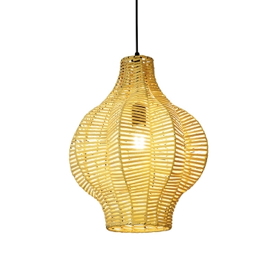 Bamboo Lantern Pendant Lamp Asian 1 Bulb Beige Hanging Ceiling Light for Teahouse
