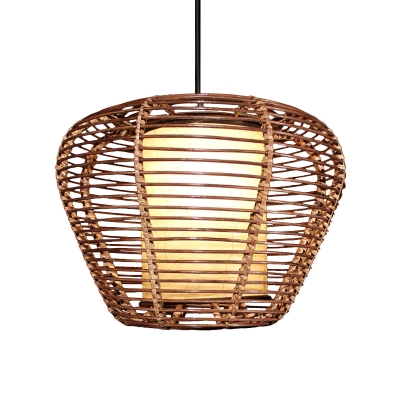 Bamboo Urn Pendant Lamp Chinese 1 Bulb Brown Hanging Light Kit with Inner Cylinder Parchment Shade