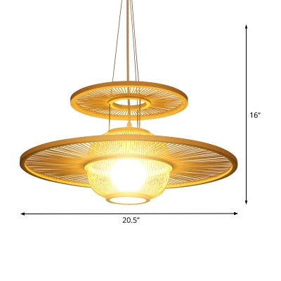 Beige Round Hanging Lamp Asia 1 Head Bamboo Ceiling Pendant Light for Dining Room