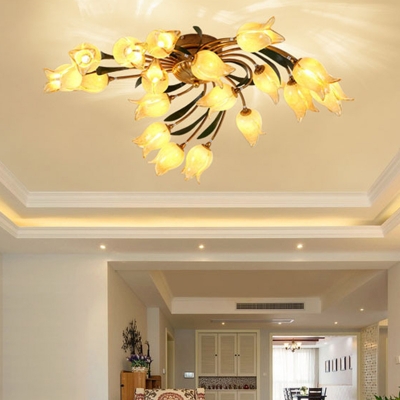 Brass 18 Heads Semi Flush Light Antique Metal Spiral LED Ceiling Fixture with Frosted Glass Shade