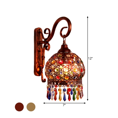 Brass/Copper 1 Bulb Sconce Light Traditional Metal Global Wall Mount Lighting with Dangling Crystal