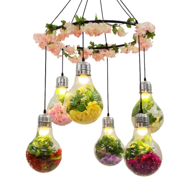 Clear Glass Bulb Chandelier Lamp Industrial 6 Lights Restaurant LED Ceiling Pendant in Black with Flower Decoration