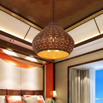 Droplet Pendant Lighting Chinese Wood 1 Bulb Ceiling Suspension Lamp in Brown for Bedroom