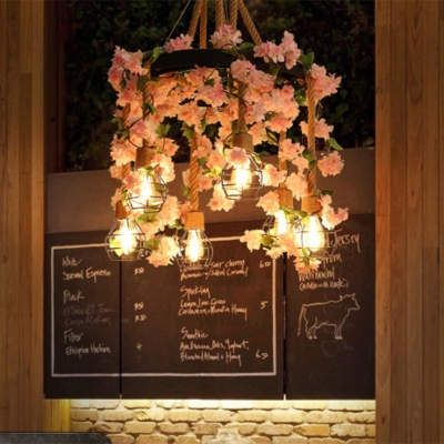 Exposed Bulb Metal Chandelier Lighting Industrial 6 Lights Restaurant LED Ceiling Lamp in Pink/Rose Red