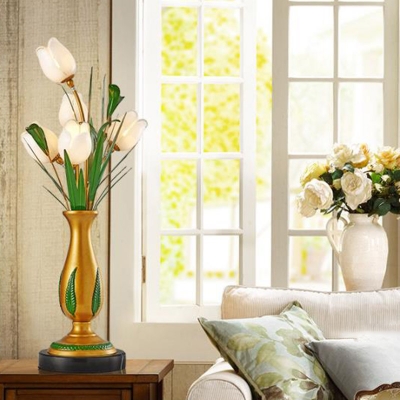 Gold Blossom LED Table Lamp Vintage Frosted Glass 5 Lights Living Room Nightstand Light