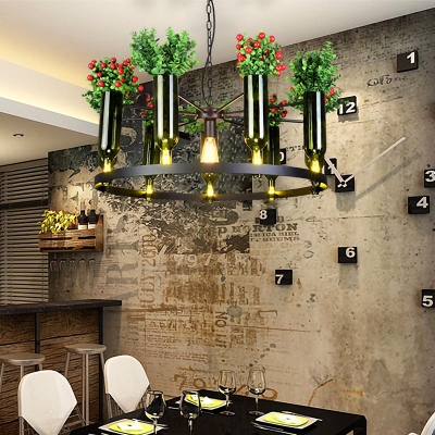 Green 7/10 Heads Chandelier Lighting Vintage Metal Wine Bottle and Plant LED Suspension Pendant for Restaurant