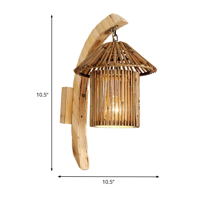 House Wall Lighting Japanese Bamboo 1 Bulb Wood Sconce Light Fixture with Curved Arm