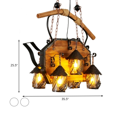 House White Fabric/Clear Glass Island Pendant Antique 6 Lights Restaurant Ceiling Light in Brown