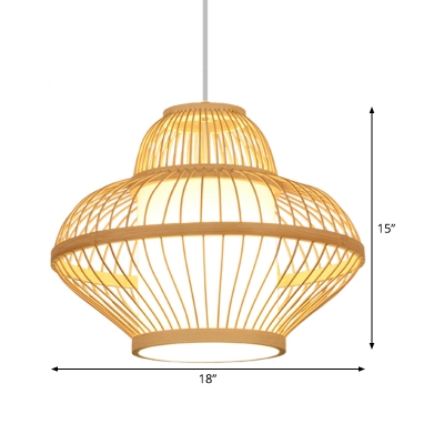 Japanese 1 Head Pendant Light Wood Curvy Suspended Lighting Fixture with Bamboo Shade