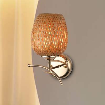 Japanese Hand-Worked Sconce Light Bamboo 1 Head Wall Mounted Lighting in Brown for Stairway