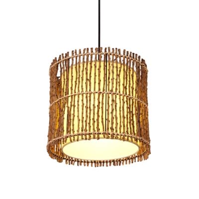 Khaki Cylinder Ceiling Lamp Asian 1 Bulb Rattan Hanging Light Fixture with Inner White Parchment Shade