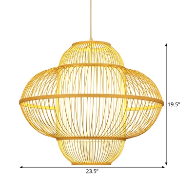 Lantern Ceiling Light Chinese Bamboo 1 Bulb Beige Pendant Lighting Fixture, 18