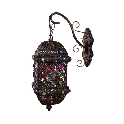 Lantern Wall Lamp Traditional Metal 1 Head Sconce Light Fixture in Rust with Curved Arm