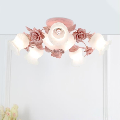 Milk Glass Blossom Ceiling Lighting Traditional 5/7/11 Heads Bedroom Semi Flush Mount Light Fixture in Pink/Blue