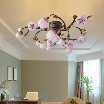 Nickle 15 Heads Semi Flush Light Vintage Metal Floral LED Ceiling Fixture for Living Room