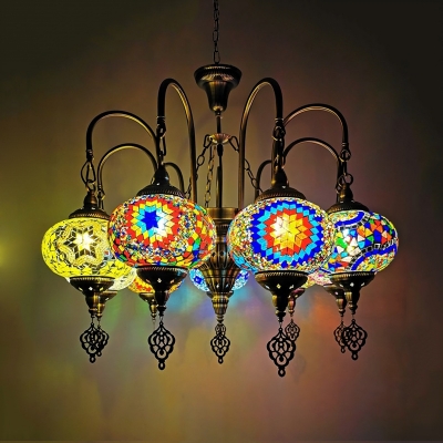Oval Restaurant Pendant Chandelier Vintage Stained Glass 9 Bulbs Yellow/Green Ceiling Hang Fixture