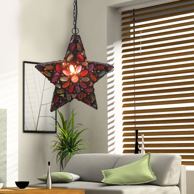 Red 1 Bulb Pendant Lamp Traditional Metal Five-pointed Star Suspension Lighting for Living Room