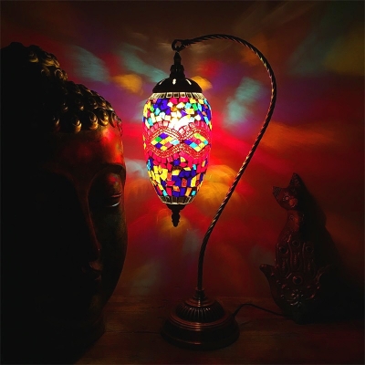 Red/Pink 1 Bulb Table Light Traditional Stained Glass Waterdrop Nightstand Lamp with Gooseneck Arm
