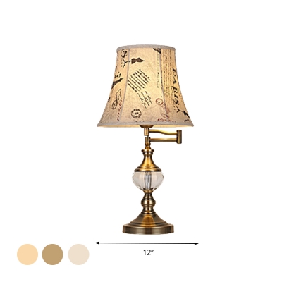 Retro Bell Table Lamp 1 Head Clear Crystal Nightstand Light in Beige/Light Brown with Fabric Shade