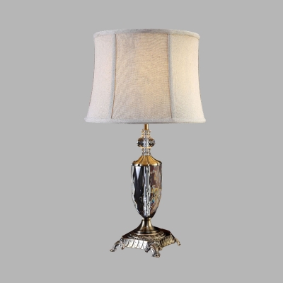 Retro Drum Table Lamp 1 Head Clear Crystal Nightstand Light in Cream Gray with Fabric Shade