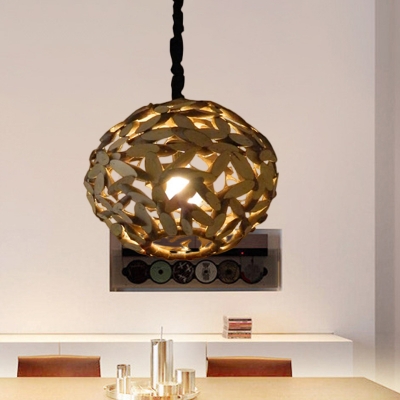 Spherical Ceiling Light Japanese Wood 1 Head Suspended Lighting Fixture in Brown