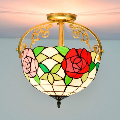 Stained Glass Red/Blue/Pink Semi Flush Mount Light Rose 2 Lights Tiffany Style Ceiling Lighting for Corridor