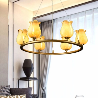Traditional Blossom Chandelier Lighting Fixture 6 Heads White/Yellow Glass LED Pendant Ceiling Light