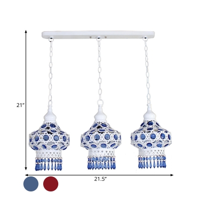 White/Blue 3 Bulbs Multi Light Pendant Traditional Metal Lantern Suspension Lamp with Round/Linear Canopy