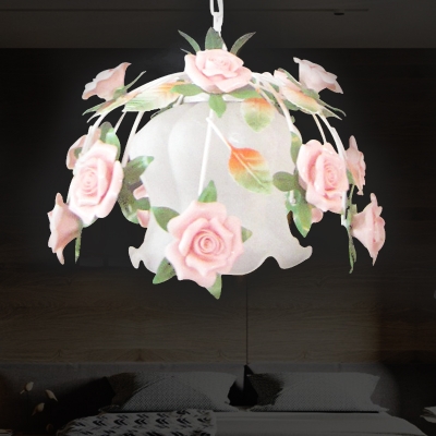 White Glass Rose Suspension Light Romantic Pastoral 1 Light Restaurant LED Drop Pendant