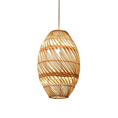 Wood Basket Ceiling Light Asian 1 Head Bamboo Pendant Lighting Fixture for Restaurant