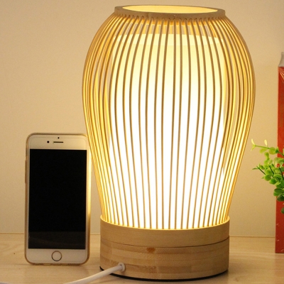1 Bulb Urn Task Light Chinese Bamboo Small Desk Lamp in White with Cylinder Parchment Shade
