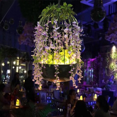 1 Light Metal Drop Lamp Vintage Black Bird Cage Restaurant LED Pendant Lighting with Flower Decoration