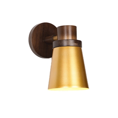 1 Head Tapered Sconce Light Modernism Metal Wall Lighting Fixture in Gold with Circle Wood Backplate
