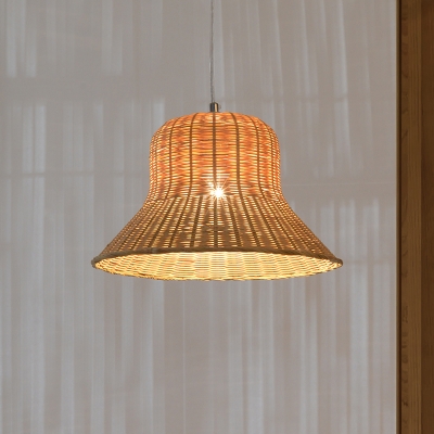 1 Head Wide Flare Pendant Lighting Chinese Bamboo Ceiling Suspension Lamp in Beige