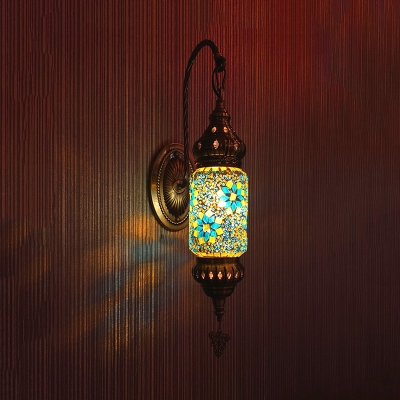 1 Light Wall Lighting Art Deco Corridor Sconce Lamp Fixture with Cylindrical Stained Glass Shade in Purple/Gold/Rose Red