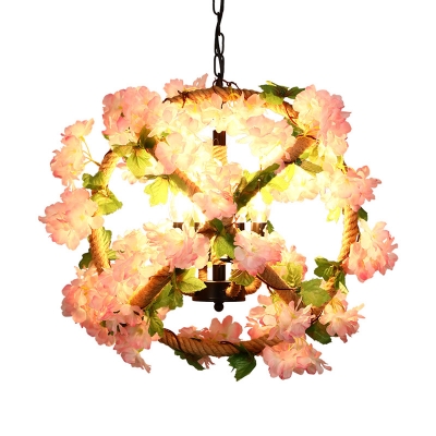 4 Heads Metal Pendant Chandelier Industrial Pink Globe Restaurant LED Down Lighting with Cherry Blossom Decor