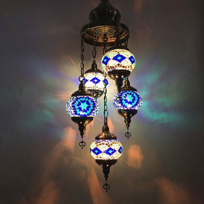 5 Bulbs Pendant Chandelier Traditional Restaurant Suspension Lamp with Oval Red/Orange/Blue Stained Glass Shade