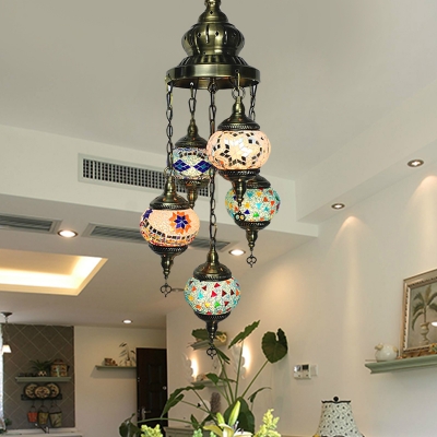 5 Lights Oval Chandelier Lighting Art Deco White/Orange/Blue Stained Glass Hanging Lamp Kit