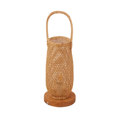 Bamboo Basket Desk Lamp Japanese 1 Bulb Beige Task Lighting with Round Wood Base