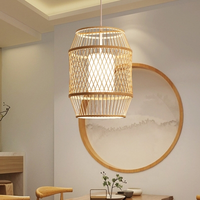 Bamboo Handmade Ceiling Light Asian 1 Bulb Wood Pendant Lighting Fixture with Inner Cylinder White Shade