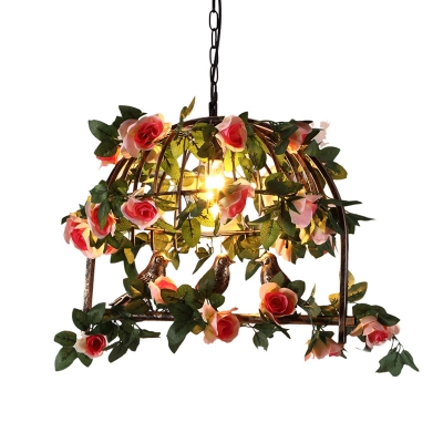 Birdcage Restaurant Pendant Lighting Industrial Metal 1 Light Brass LED Hanging Ceiling Light with Rose Decor