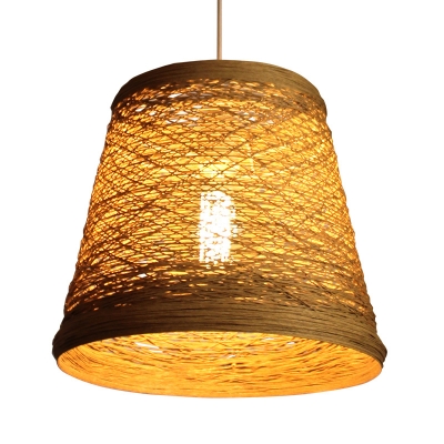 Chinese 1 Bulb Hanging Lamp Flaxen Conical Pendant Light Fixture with Bamboo Shade