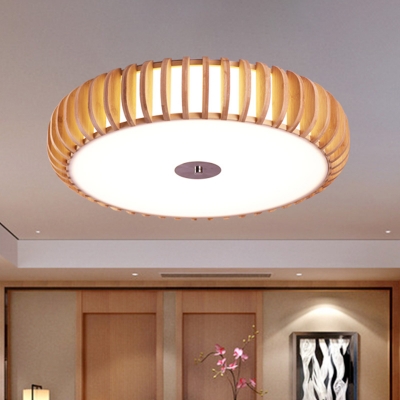 Chinese Drum Flush Light Wood 3 Heads Close to Ceiling Lamp in Beige for Living Room