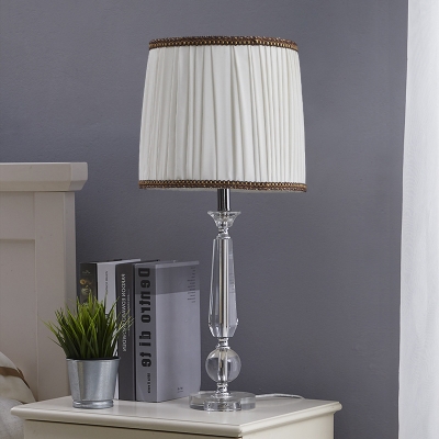 Crystal Drum Table Light Traditionalist Single Head Bedroom Nightstand Lamp in White/Brown/Beige